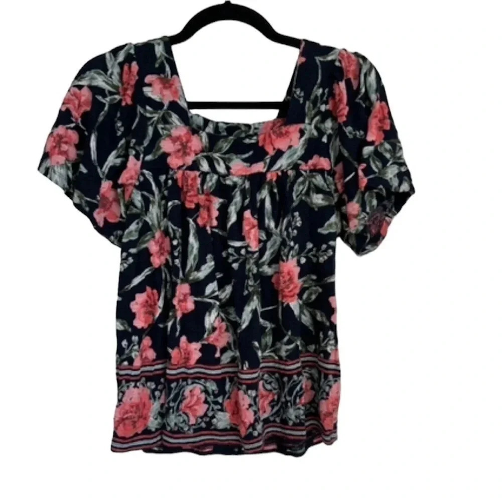 Lucky Brand Women's Short Sleeve Navy Floral Square Neck Top Size S GUC